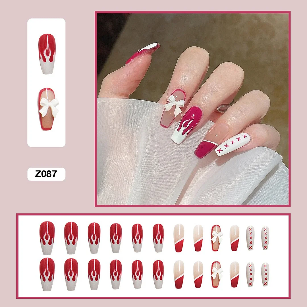 Personality Graffiti Flame Sweet Cool Girl False Nail Art Fake Nails With Glue And Sticker 24pcs/box-Nail Inspo