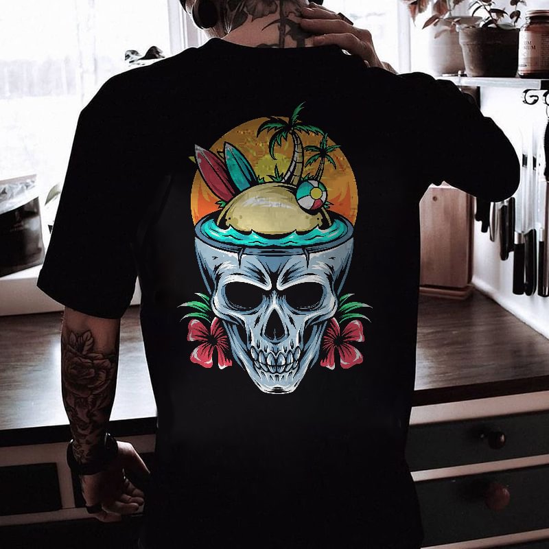Skull Coconut Tree Beach Landscape Printed Men's T-shirt -  