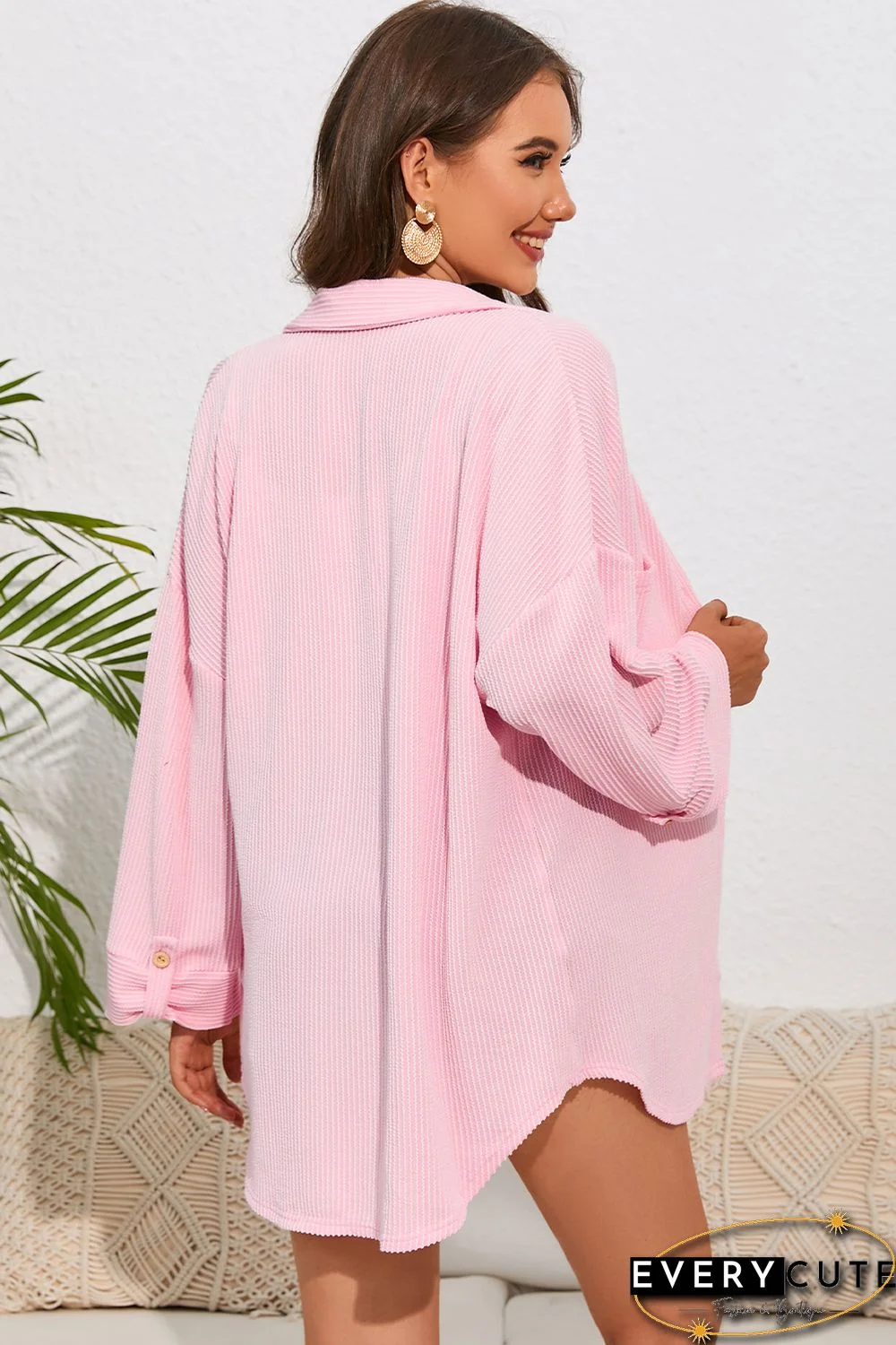 Pink Roll Tab Sleeve Ribbed Cording Shacket