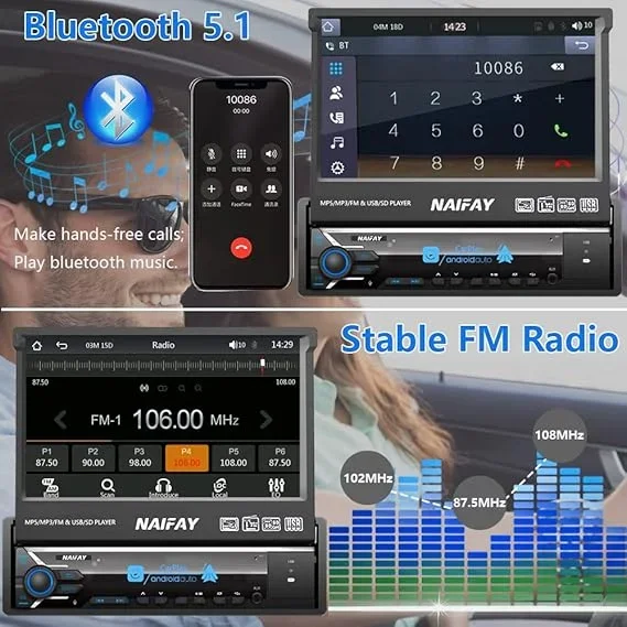 T Radio retráctil automático con pantalla retráctil, 7 pulgadas, Android Auto, Bluetooth, radio con navegación automática, FM
