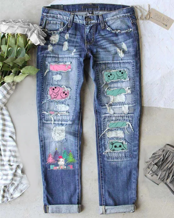 I Want A Hippopotamus For Christma Printed Ripped Jeans