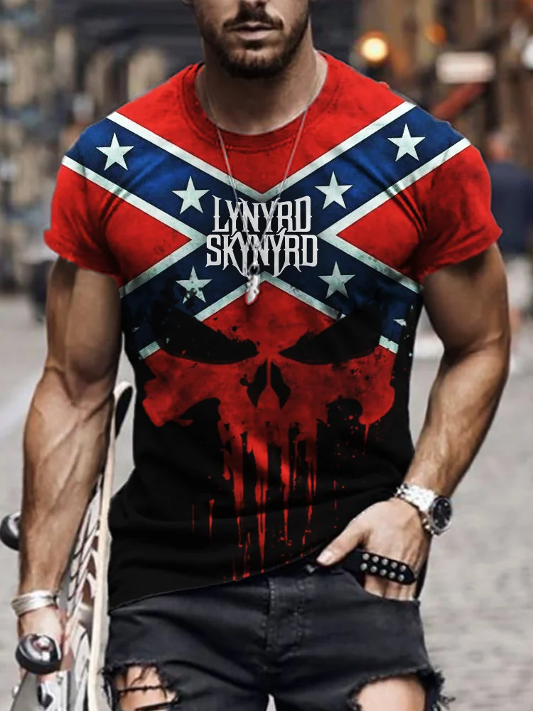 Men's Rock Band Rebel Flag Skull Contrast T Shirt