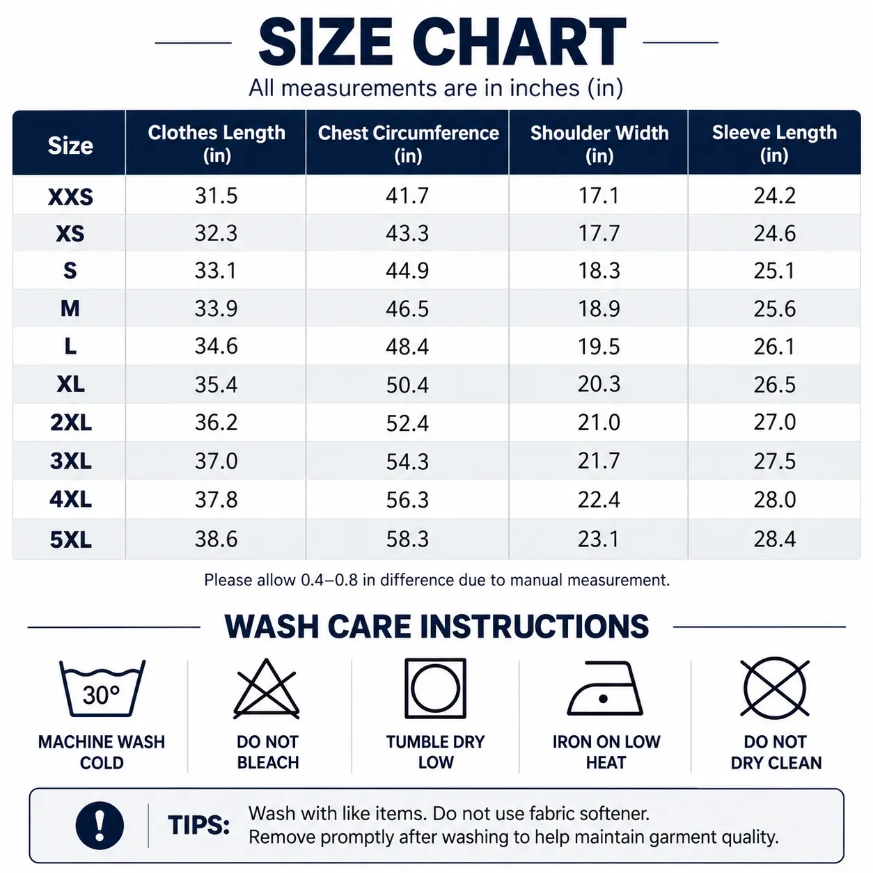 Size chart with clothes length, chest circumference, shoulder width and sleeve length in inches, XXS through 5XL, with wash care instructions