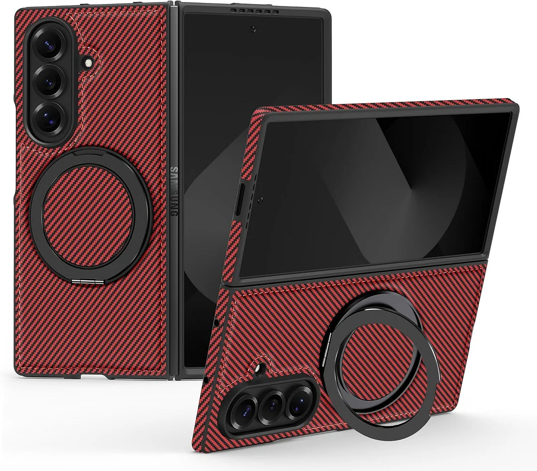 Magnetic for Samsung Galaxy Z Fold 7 Carbon Fiber Case with Stand, [Compatible with MagSafe] Aramid Fiber Twill 360&deg; Rotation Kickstand Thin PC Shockproof Case, Coffee