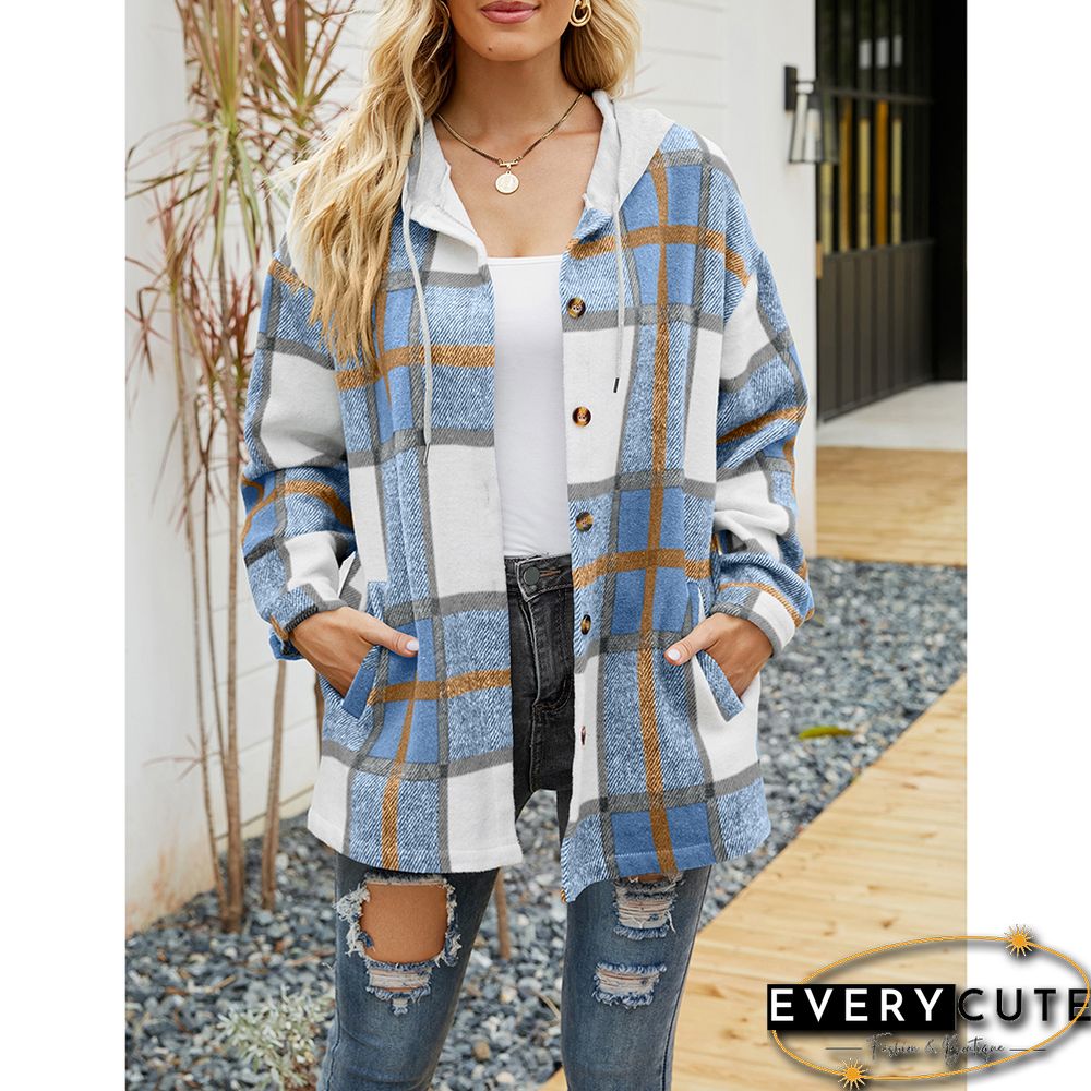 Light Blue Woolen Plaid Print Hooded Coat with Pocket