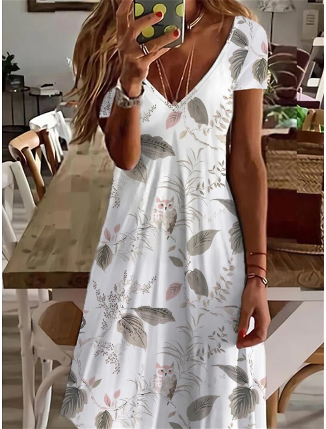 Mature Women Plus Size Summer Fashion Printed Leaf Printed V-neck Mini Dress