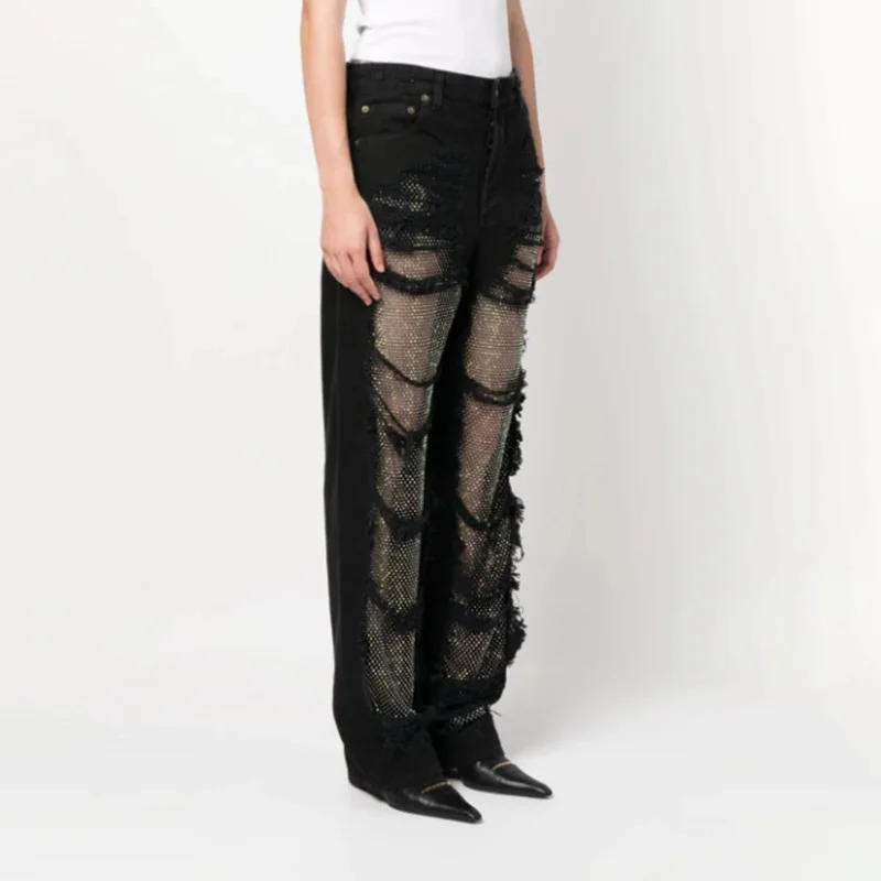 Toloer Toloer Spring And Autumn New Trend Broken Hole Mesh Splicing Straight Pants Design Sense Jeans Female-Outfit Ideas