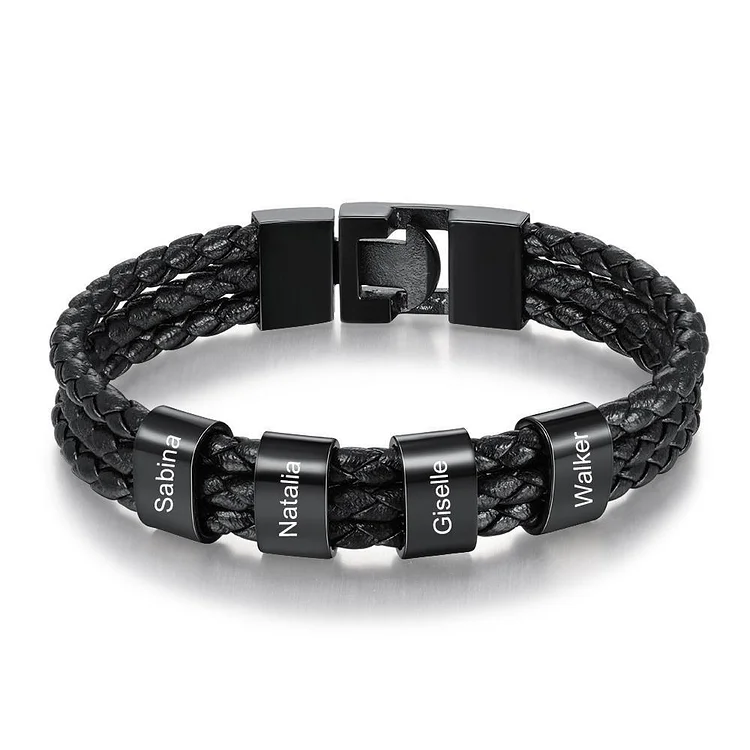 Men Leather Bracelet with 4 Beads Engraved 4 Names Three Layers Bracelet