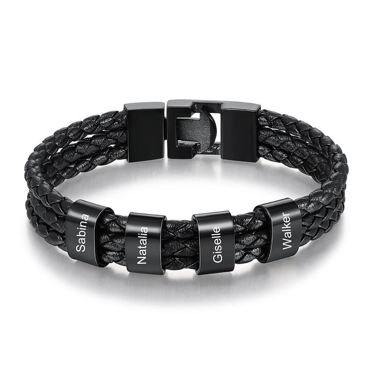 Custom Mens Leather Bracelet with 4 Names Beads