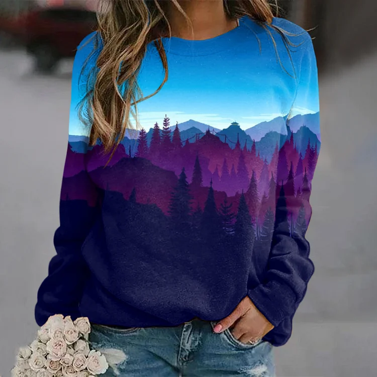 Gradient Landscape Print Crewneck Sweatshirt