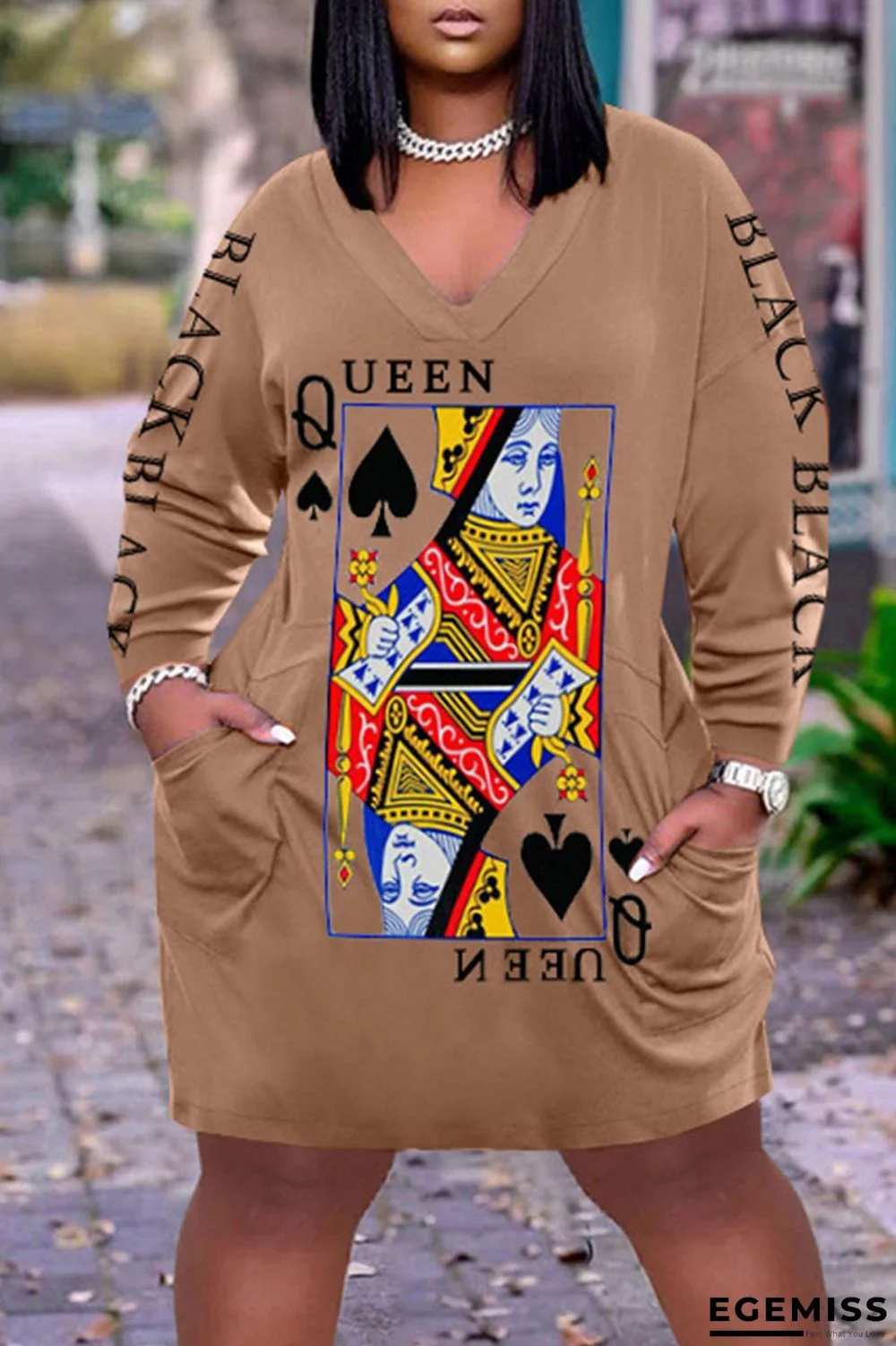 Dark Brown Casual Print Patchwork V Neck Long Sleeve Dresses | EGEMISS