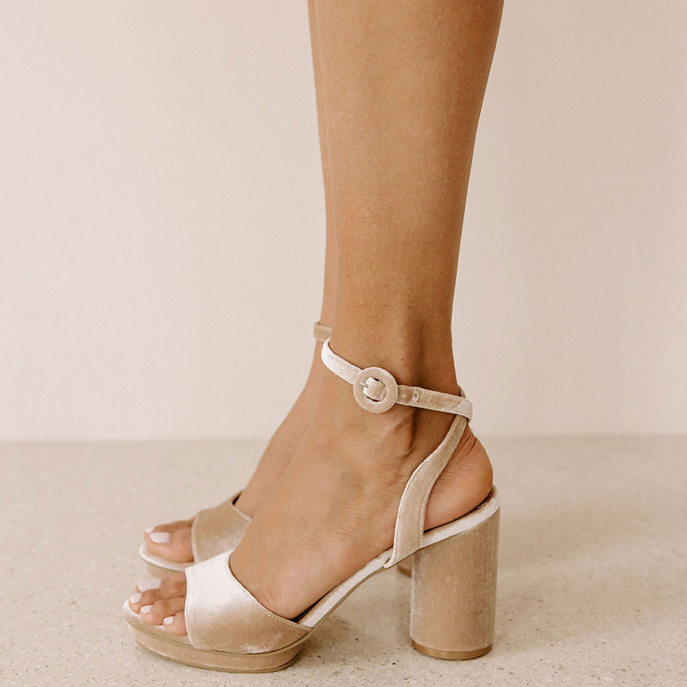 Beige Velvet Round Toe 4'' Chunky Heel Ankle Strap Sandals Nicepairs