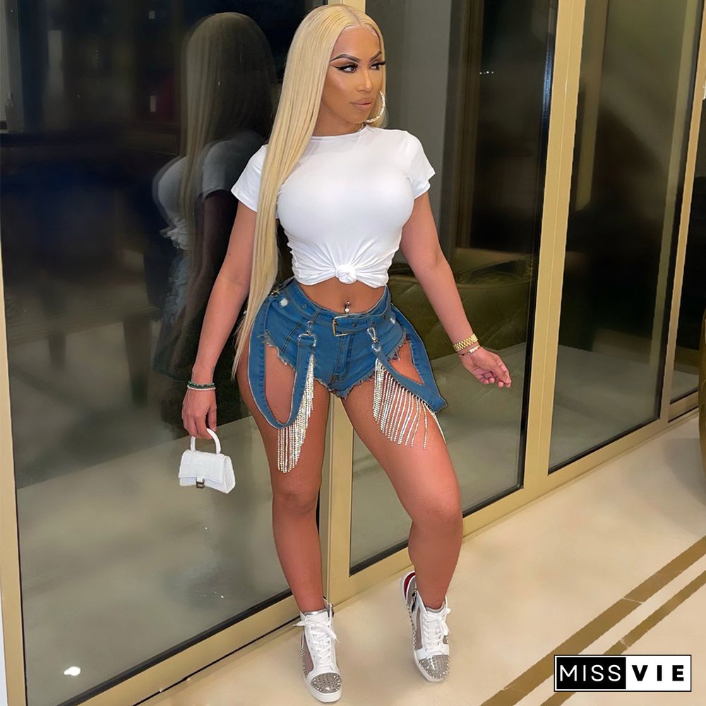 Low Waist Ripped Holes Tassel Hot Drill Denim Shorts