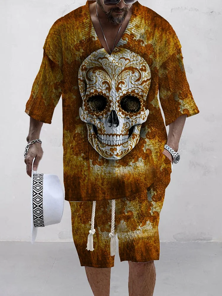 Men's Knit Vintage Halloween Skull Art Printing Shorts Suit