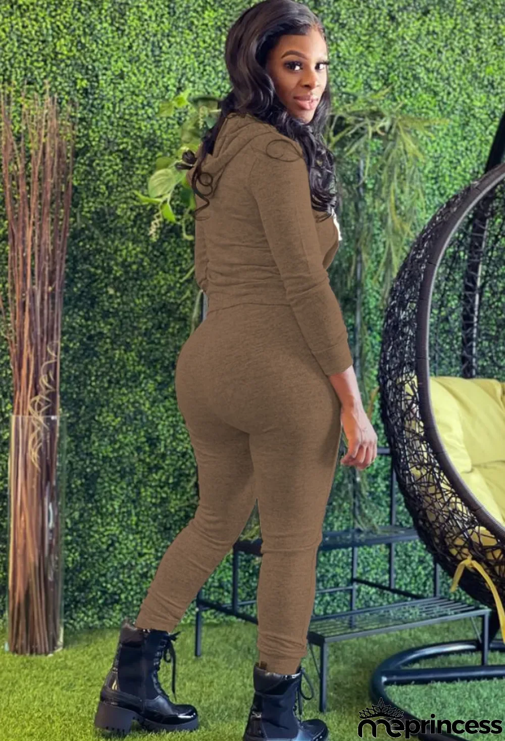 Spring Casual Brown Plain Zipper Hoodies And Pant Cheap Wholesale Two Piece Sets