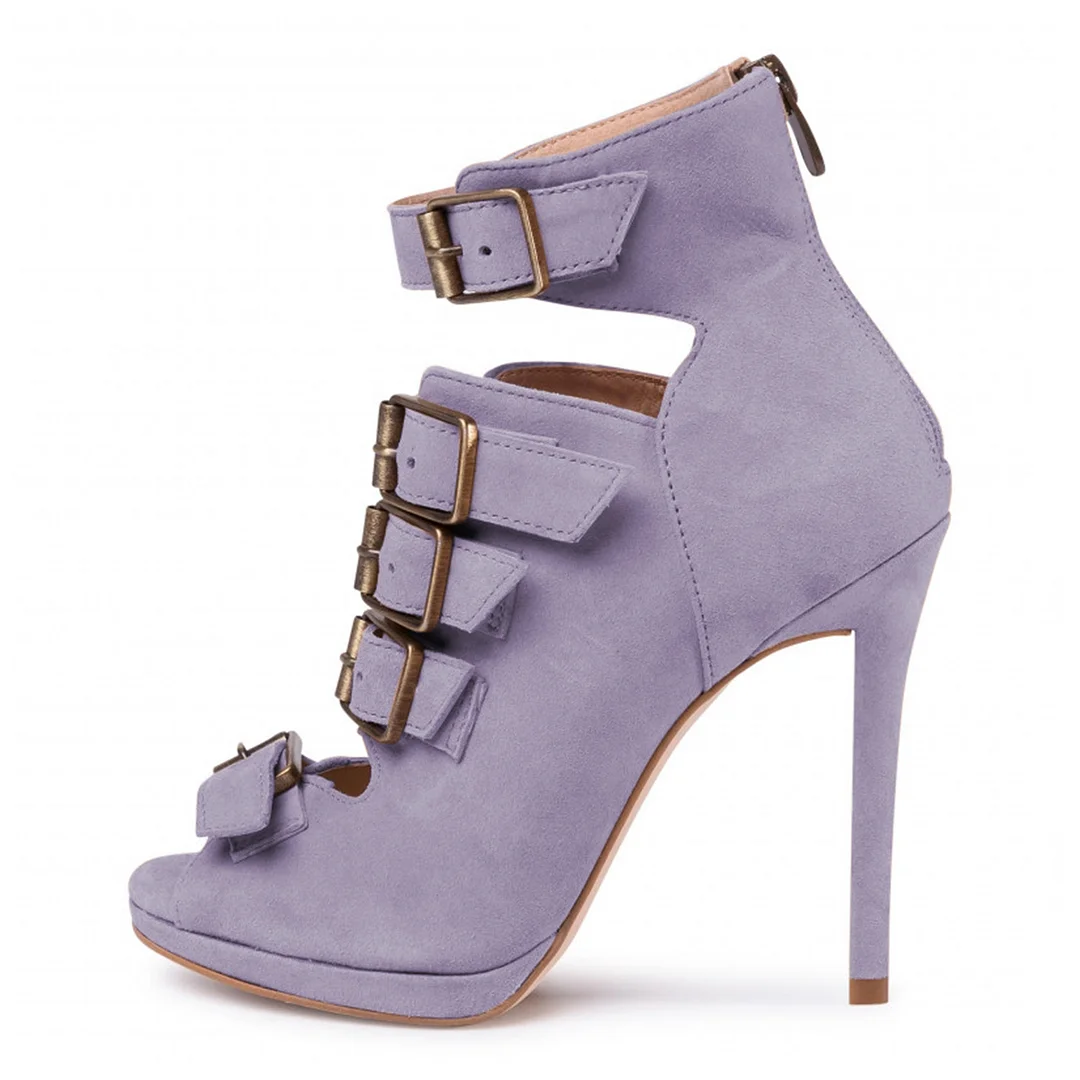 Faux Suede Platform Buckle Strap Heel Gladiator Sandals in Purple