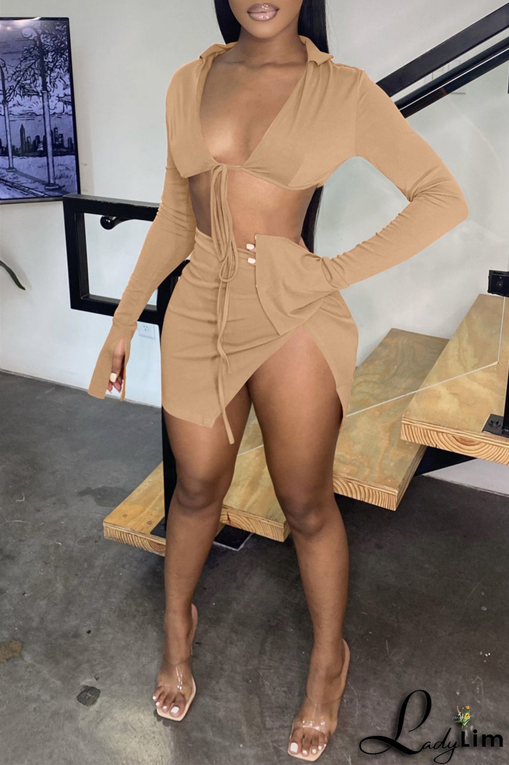 Yellow Fashion Sexy Solid Bandage Slit V Neck Long Sleeve Two Pieces