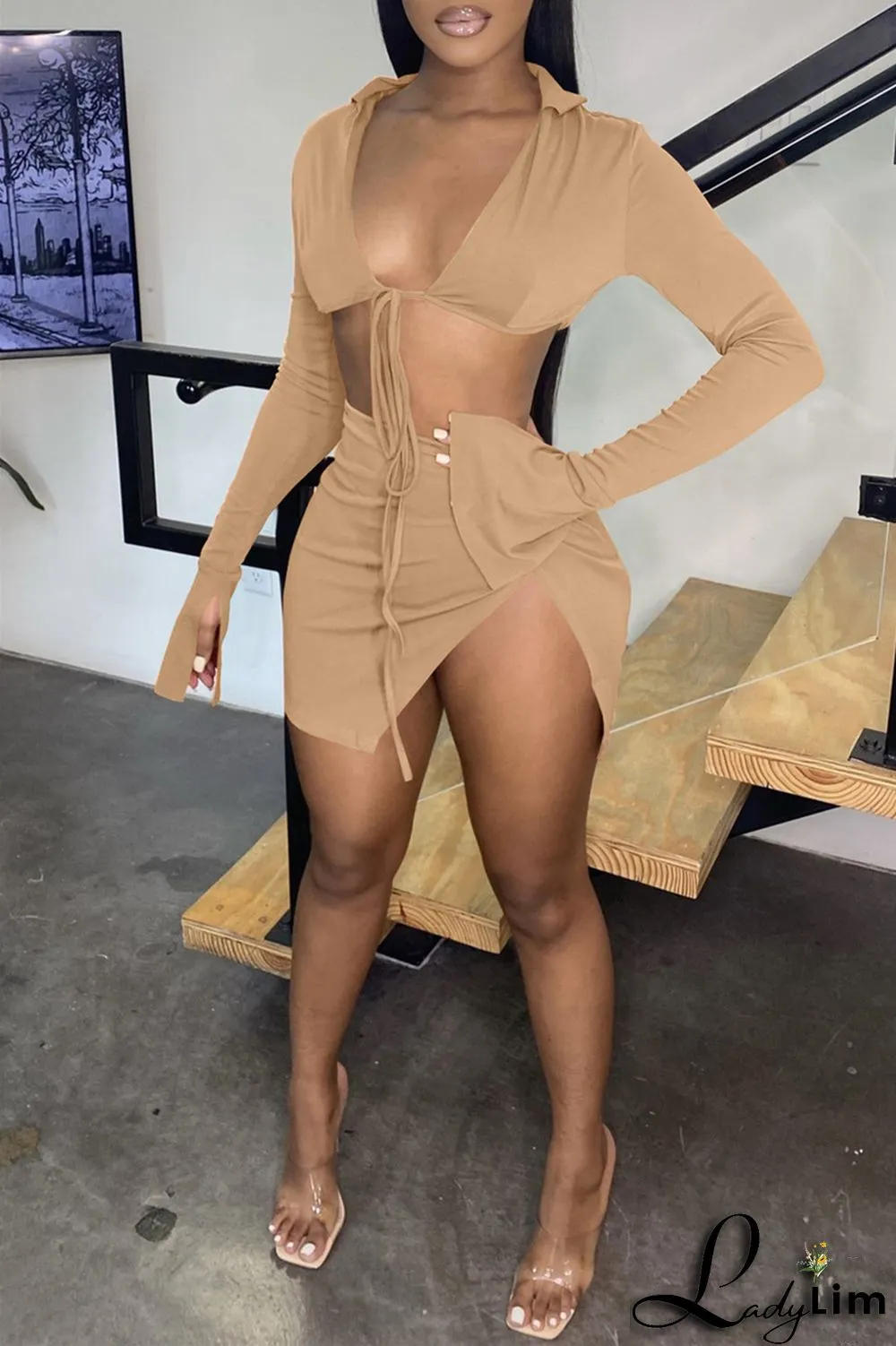 Yellow Fashion Sexy Solid Bandage Slit V Neck Long Sleeve Two Pieces