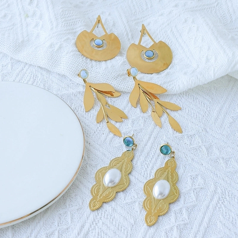 1 Pair Casual Minimalist Commute Leaves Inlay 304 Stainless Steel Pearl 14K Gold Plated Drop Earrings