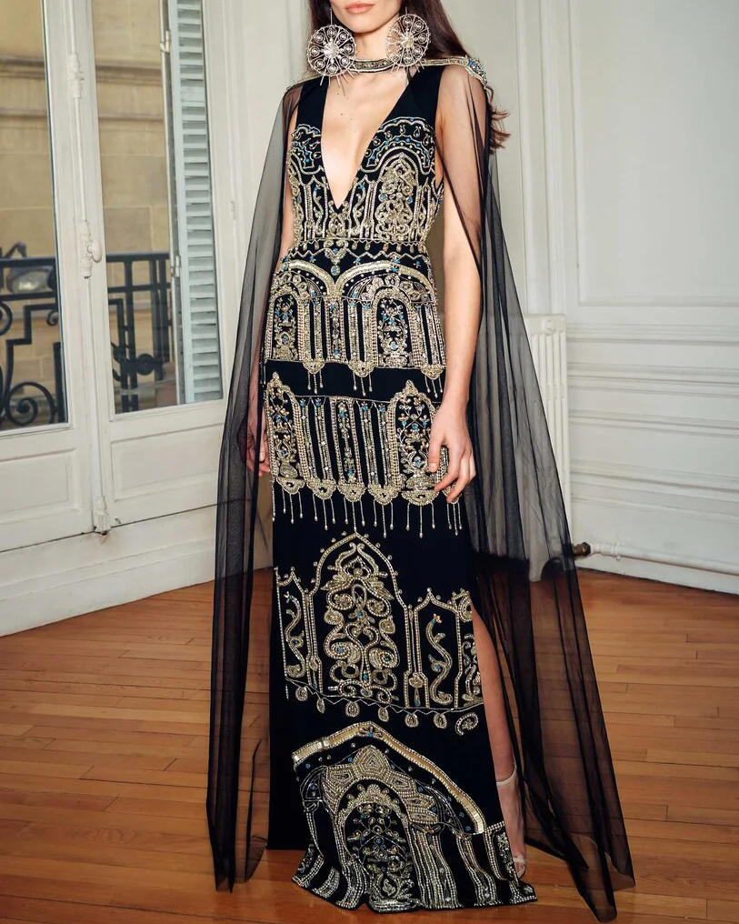 Embroidered Slit Gown Cape Dress