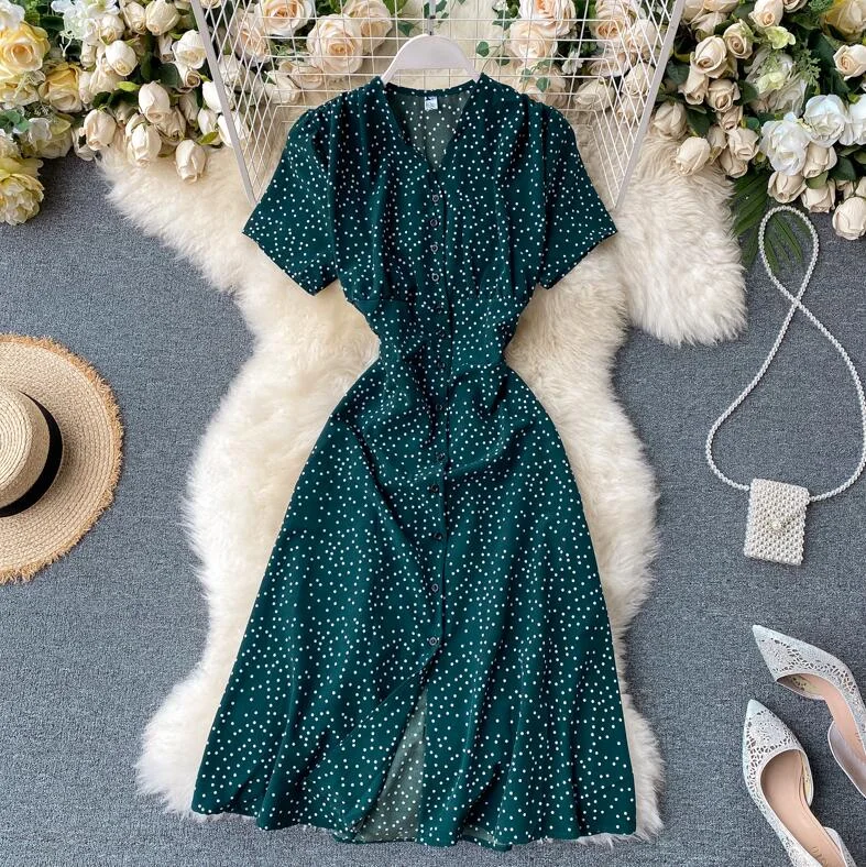 Vintage Polka dot print Chiffon Dress Women 2020 Summer V-neck Single-breasted Short sleeve Dresses Casual Vestidos Mujer
