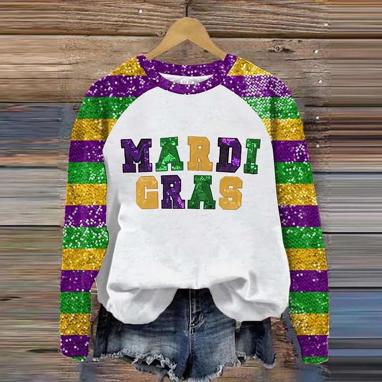VChics Women's Mardi Gras Color Block Sequin Sweatshirt