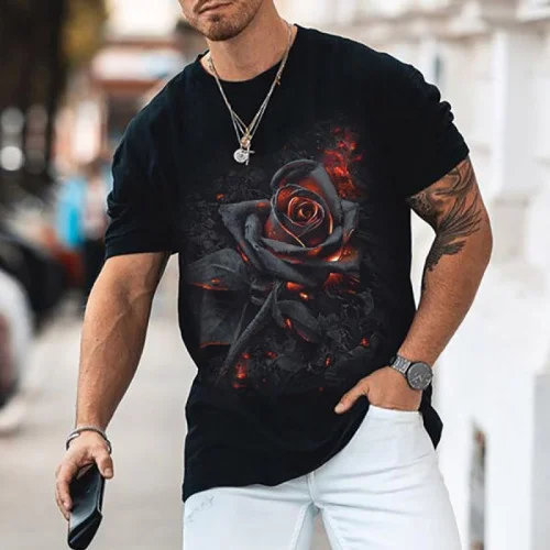 Black Classical Rose Print Casual T-Shirt Top
