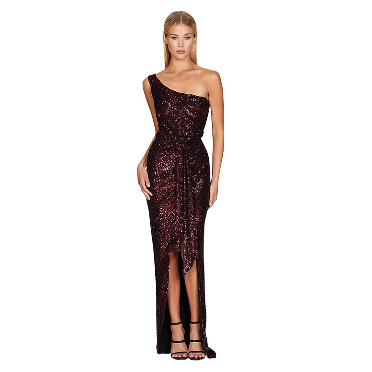 One Shoulder Sequined Gown Slit Maxi Dresses