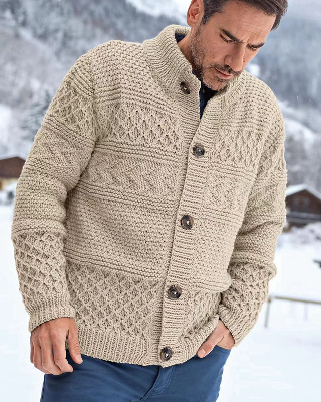 Men's Solid Jacquard Cardigan Sweater