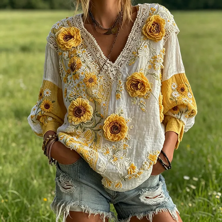🌻 Women's 3D Floral Embroidered Color Block Boho Blouse