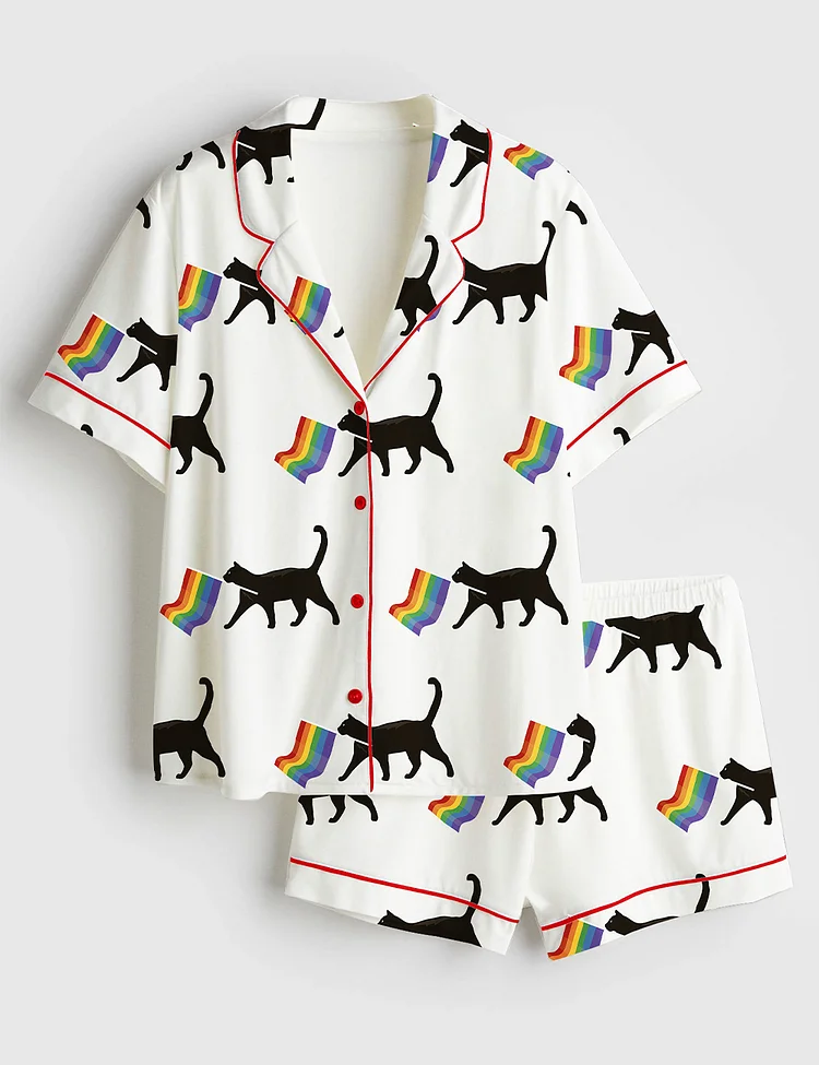 Women&rsquo;s A Little Gay Cat Friend Pride Month LGBT Pride Print Short Sleeve Satin Pajama Set