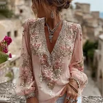 Women's Floral Embroidered Art V-neck Blouse - Image 2