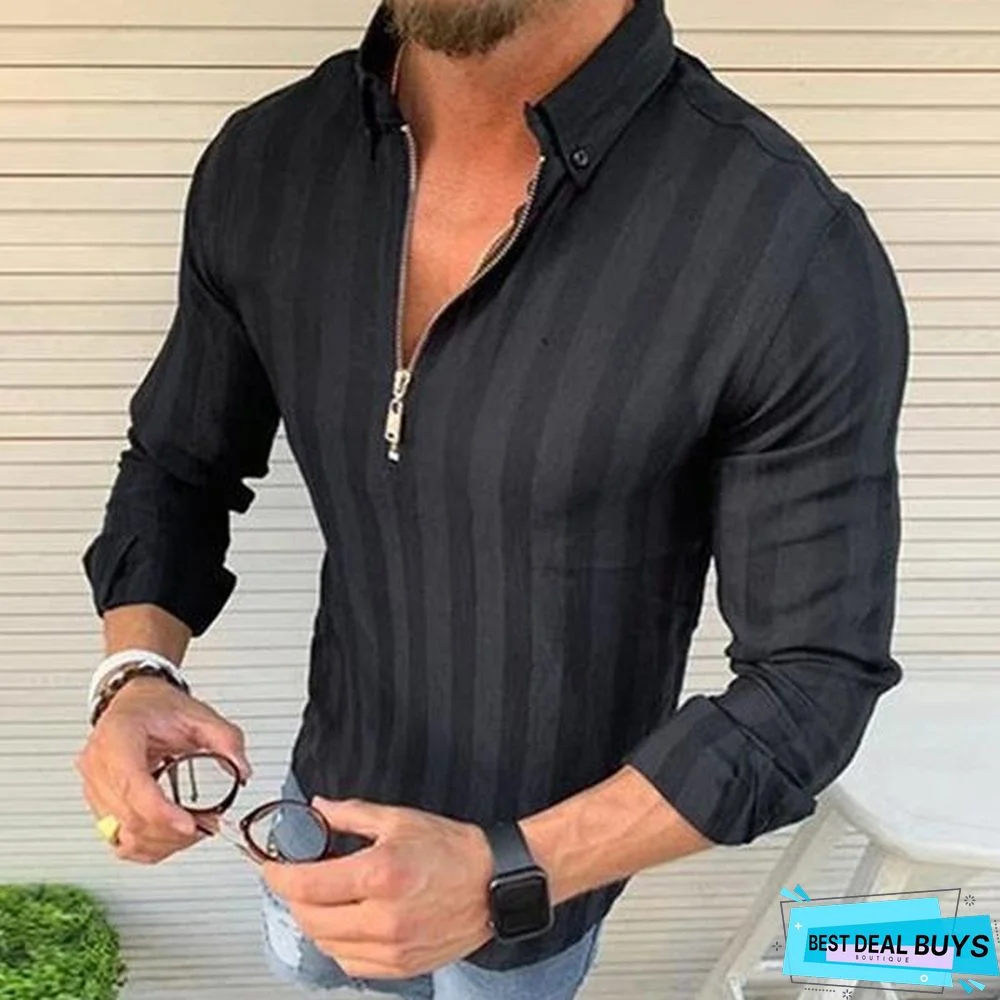 Men Zipped V-Neck Long Sleeve Striped Casual Shirt