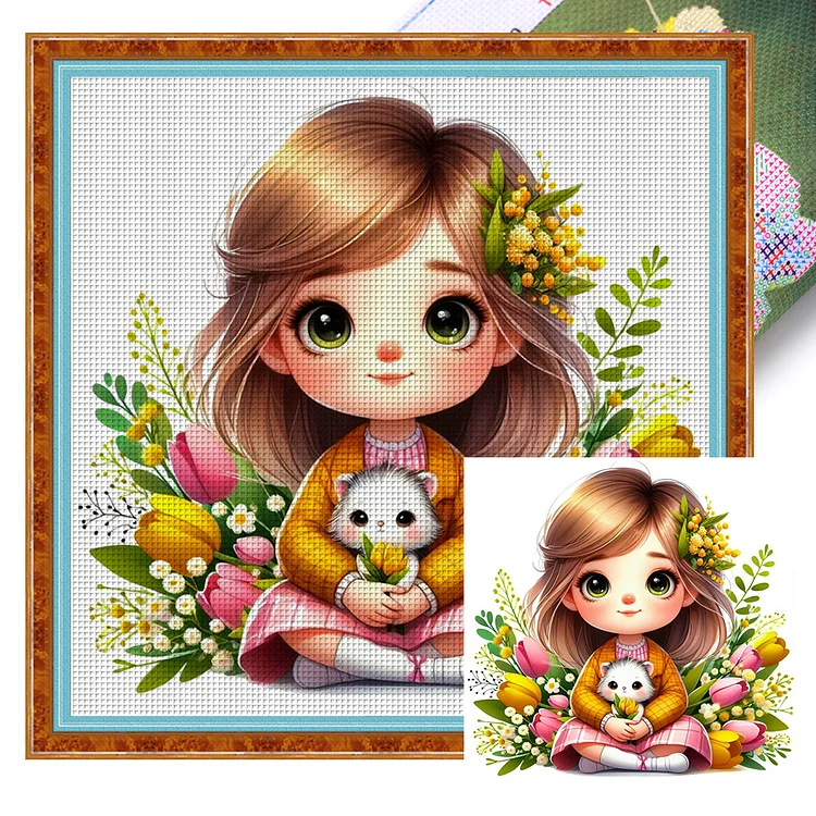 Flowers And Little Girl - Printed Cross Stitch 14CT 40*40CM