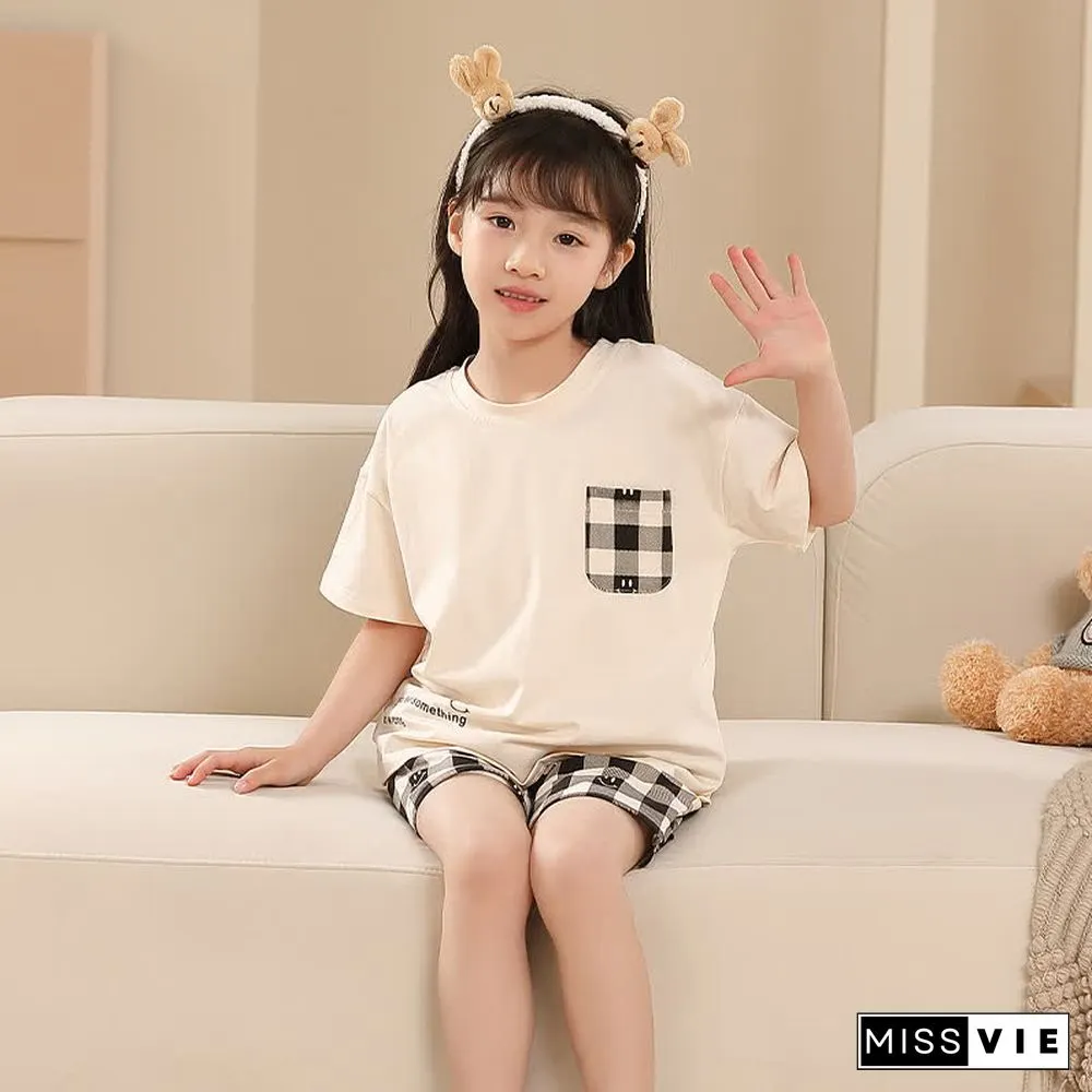 Smiling Face Lattice Summer Cotton Family Pajamas Matching Sets
