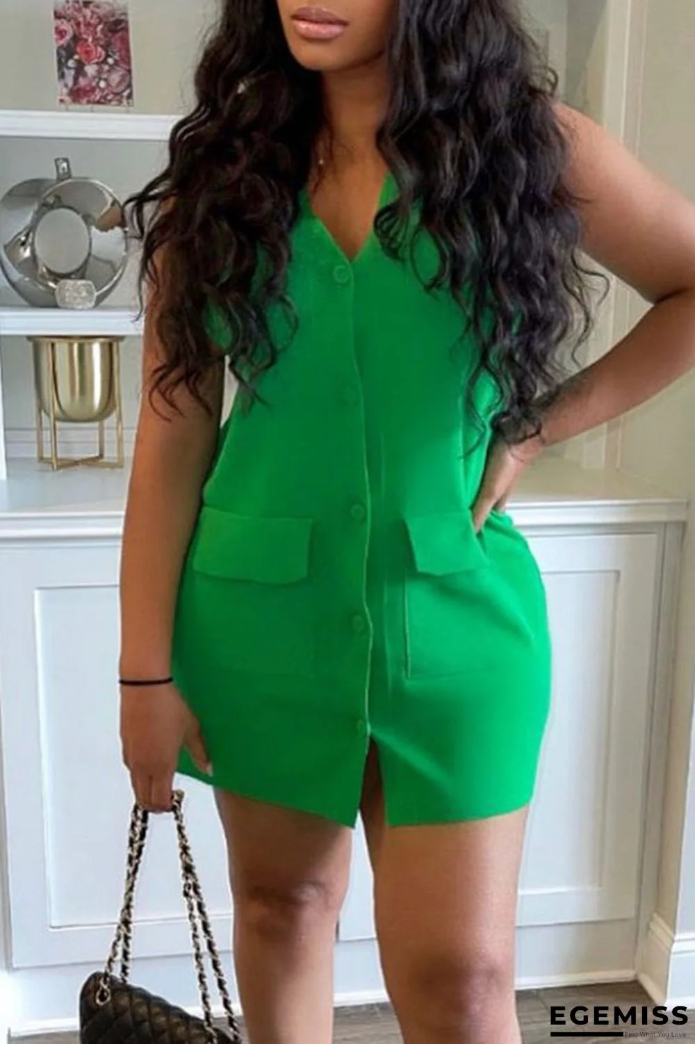 Green Casual Solid Patchwork Pocket Buckle V Neck One Step Skirt Dresses | EGEMISS