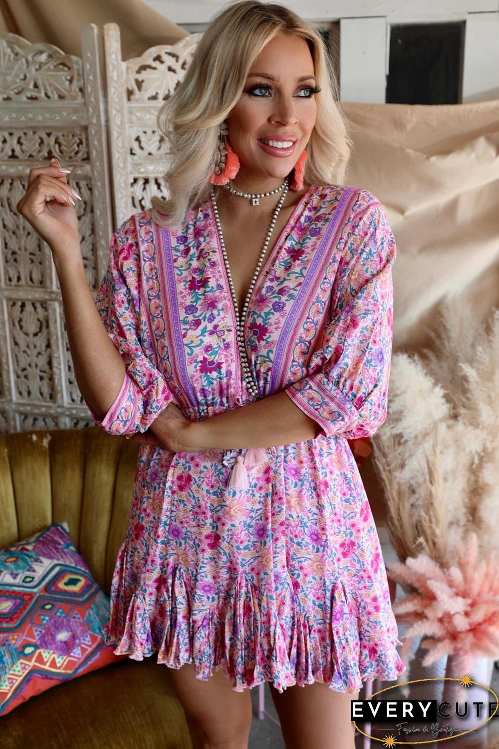 Pink Boho Ruffled V Neck Floral Mini Dress