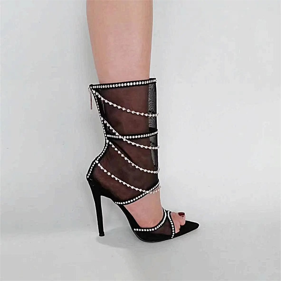 VCSHOES Women Ankle Boots Hollow Out Mesh High Heels Shoes Woman Crystal Zipper Open Toe Sandals Boots Mujer Black