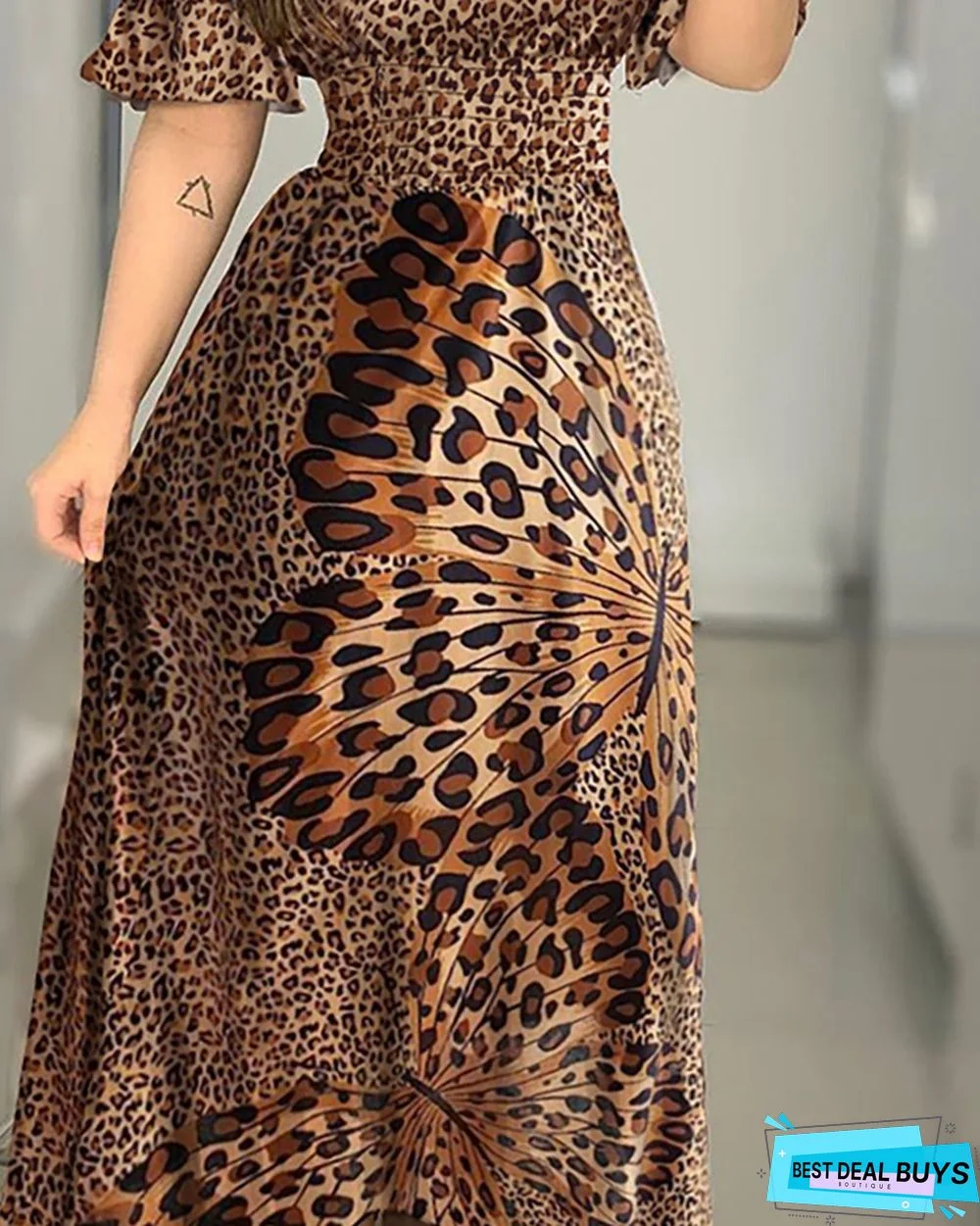 Butterfly Print Dress Leopard Print Off Shoulder Girdle Waist Big Swing Evening Dress Lotus Leaf Sleeve Long Skirt