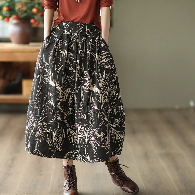 Vintage Printed Cotton And Linen Slim Elastic Waist A-Line Skirt
