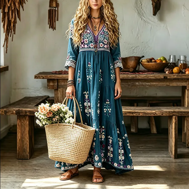 Women's Retro Bohemian Floral V-neck Cotton Linen Maxi Dress