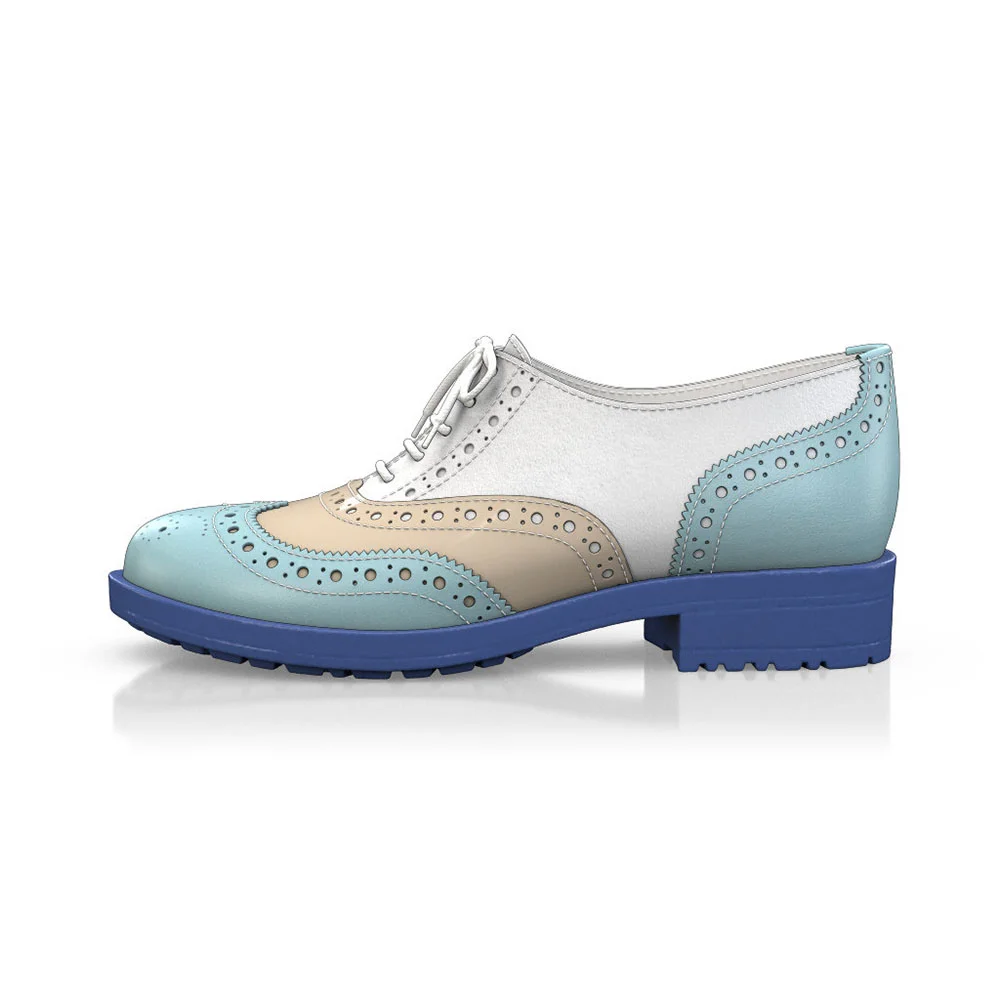 Blue & White Round Toe Flat Oxfords Vintage Women's Wingtip Shoes Nicepairs