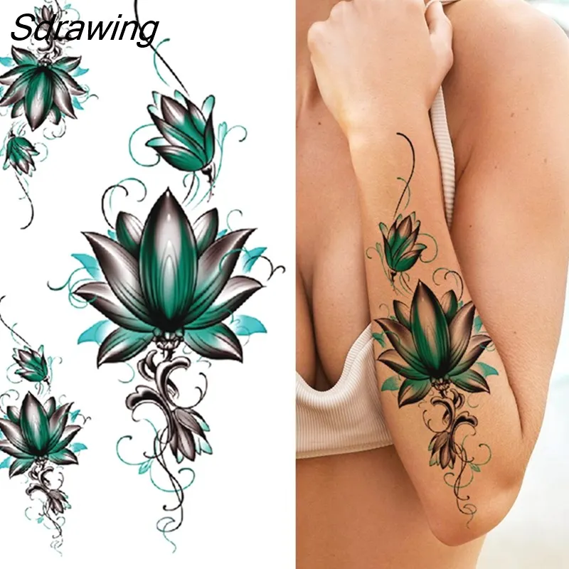 Sdrawing Fake Peony Temporary Tattoos For Women Girl Black Rose Elephant Flower Tattoo Sticker Tiger Anemone Tatoos Half Sleeve 1020-0