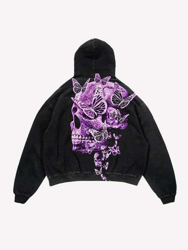 Skull&Butterfly Print Slant Pockets Hoodie