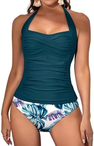 Womens Halter Ruched Tummy Control Two Piece Tankini 