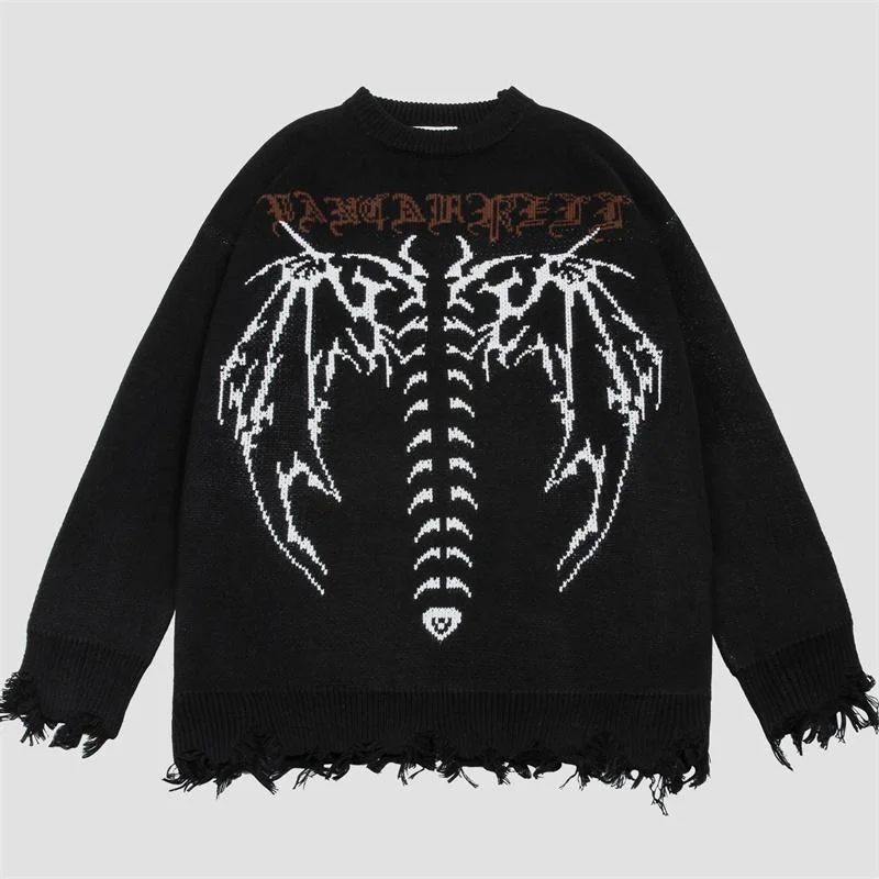 Ripped Skeleton Wing Print Sweater