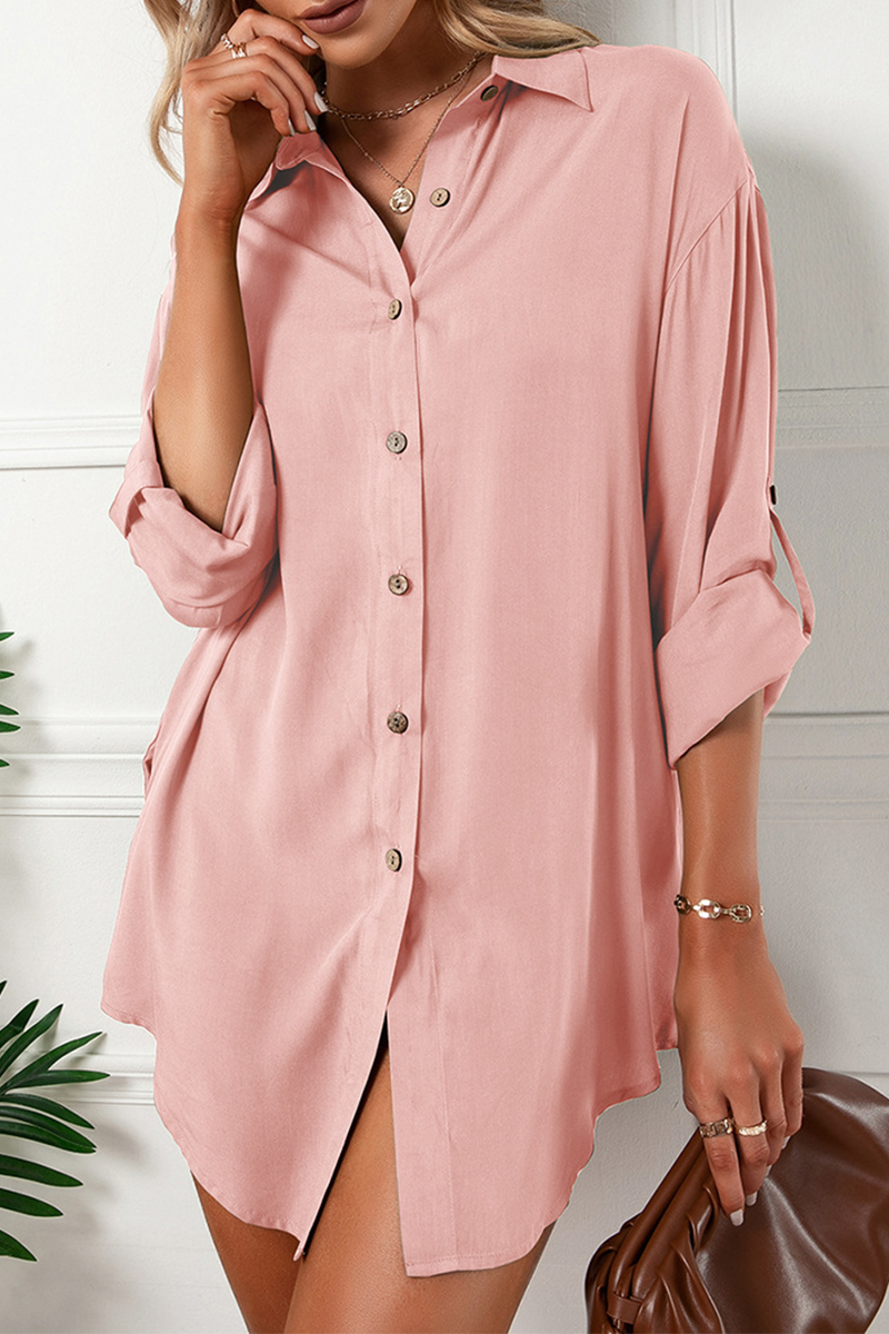 Abebey Solid Buckle Turndown Collar Shirt Dress