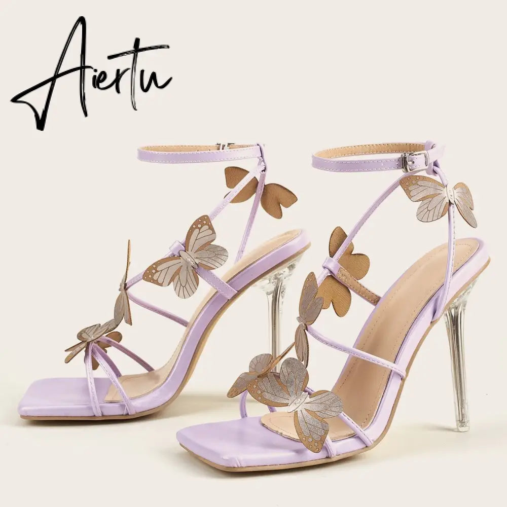 Summer New Women's Sandals Sexy Square Head Butterfly Word With Crystal Heel High Heel Sandals Nightclub Party Shoes Aiertu