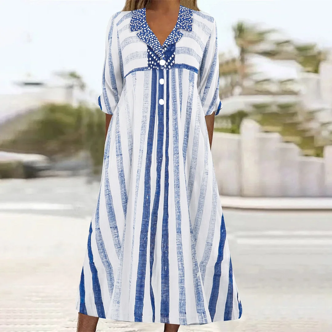 Women Casual Loose Dress with Pockets in Pattern Striped, Blue, White