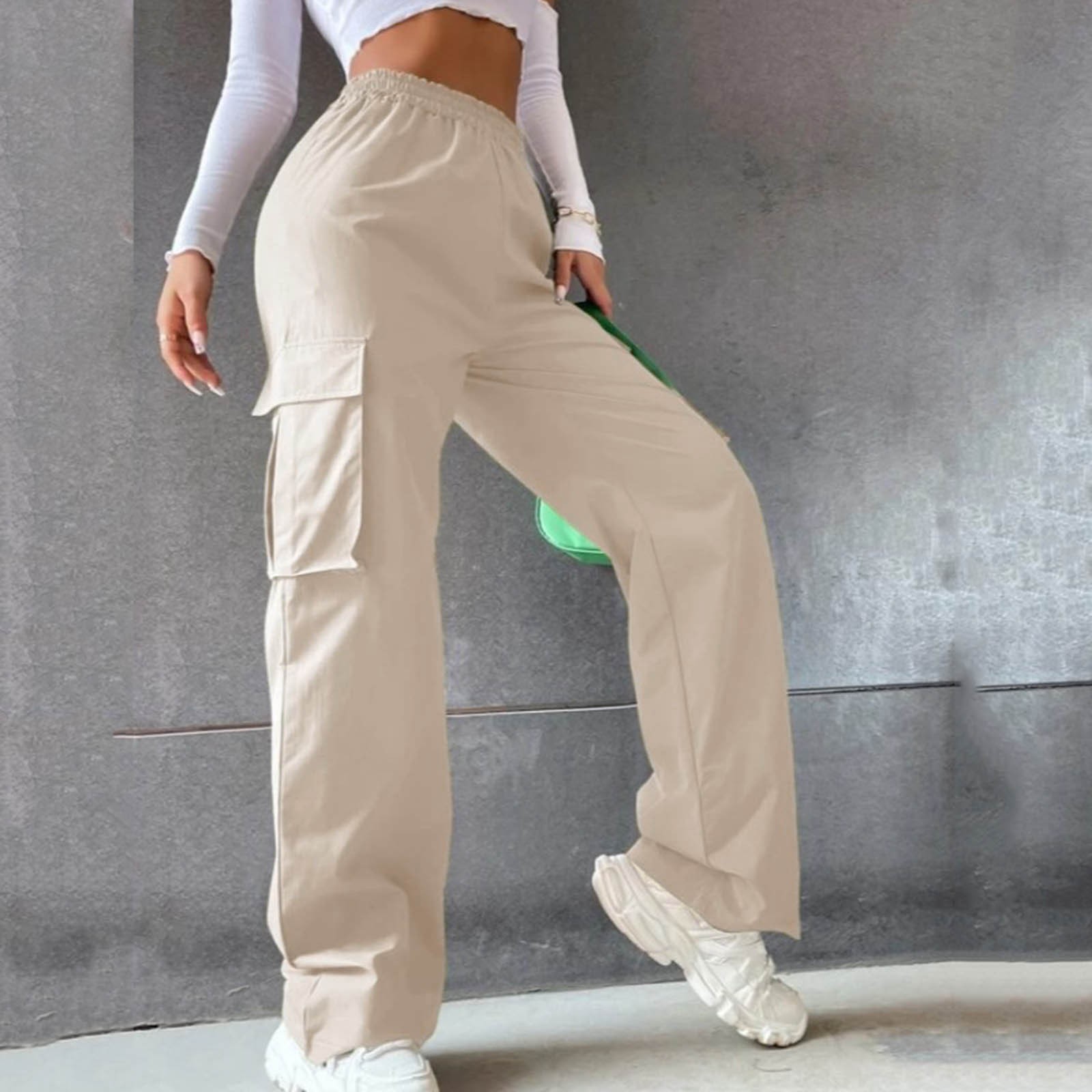 Women Pockets Casual Pants Solid Overalls Mid Waist Elastic Waist Loose Cargo Pants Trousers